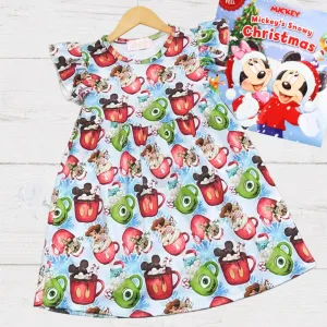 $15.00 EA - 2-3 X 2, 3-4 X 2, 4-5 X 2, 5-6 X 2, 6-7 X 2 -- Girls Fun Holiday Character Dresses - Colourful Disney & Pixar Character Hot Cocoa