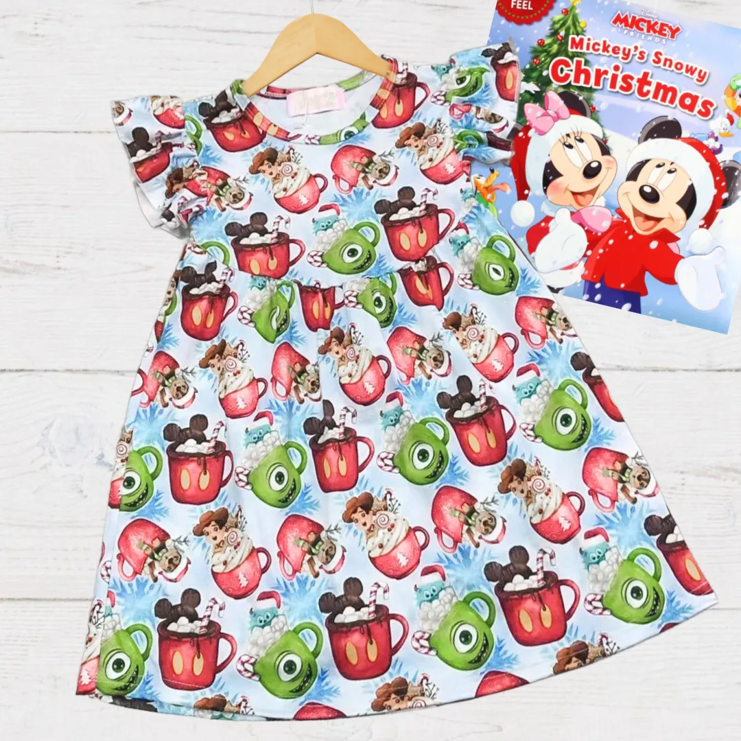 $15.00 EA - 2-3 X 2, 3-4 X 2, 4-5 X 2, 5-6 X 2, 6-7 X 2 -- Girls Fun Holiday Character Dresses - Colourful Disney & Pixar Character Hot Cocoa