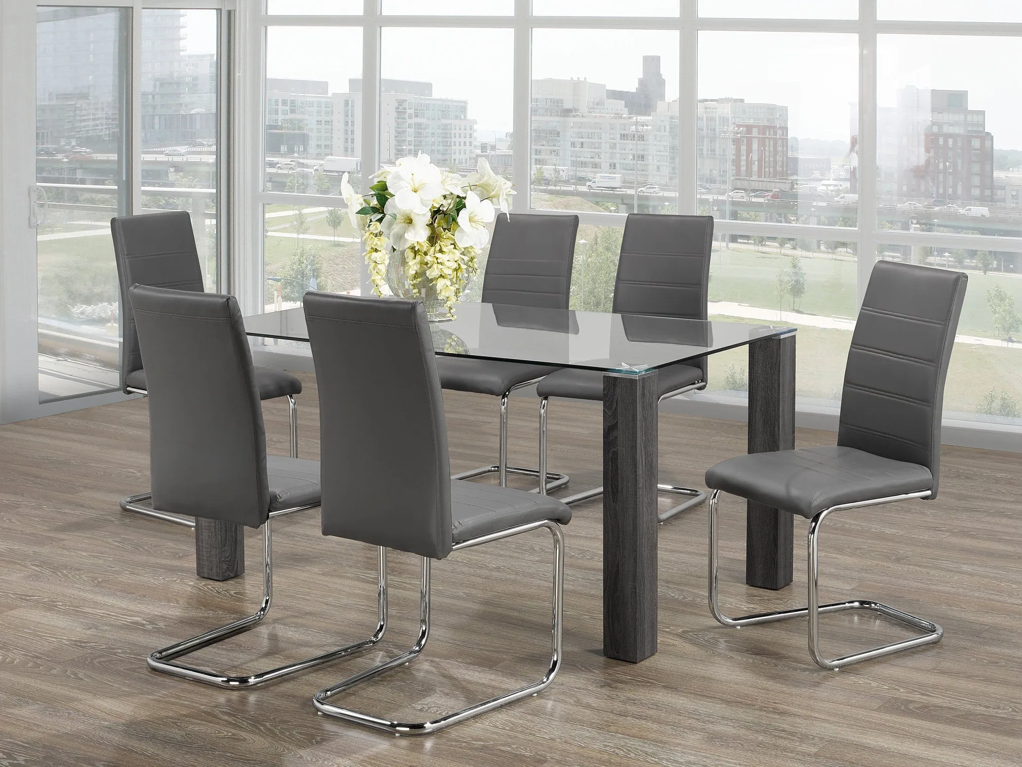 7 Piece Glass Dining Set with Grey Wooden Legs and Grey PU Chairs