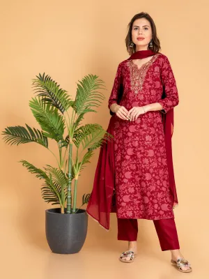 A-Line Gold Printed 3-Piece Kurta Set with Zari Embroidery