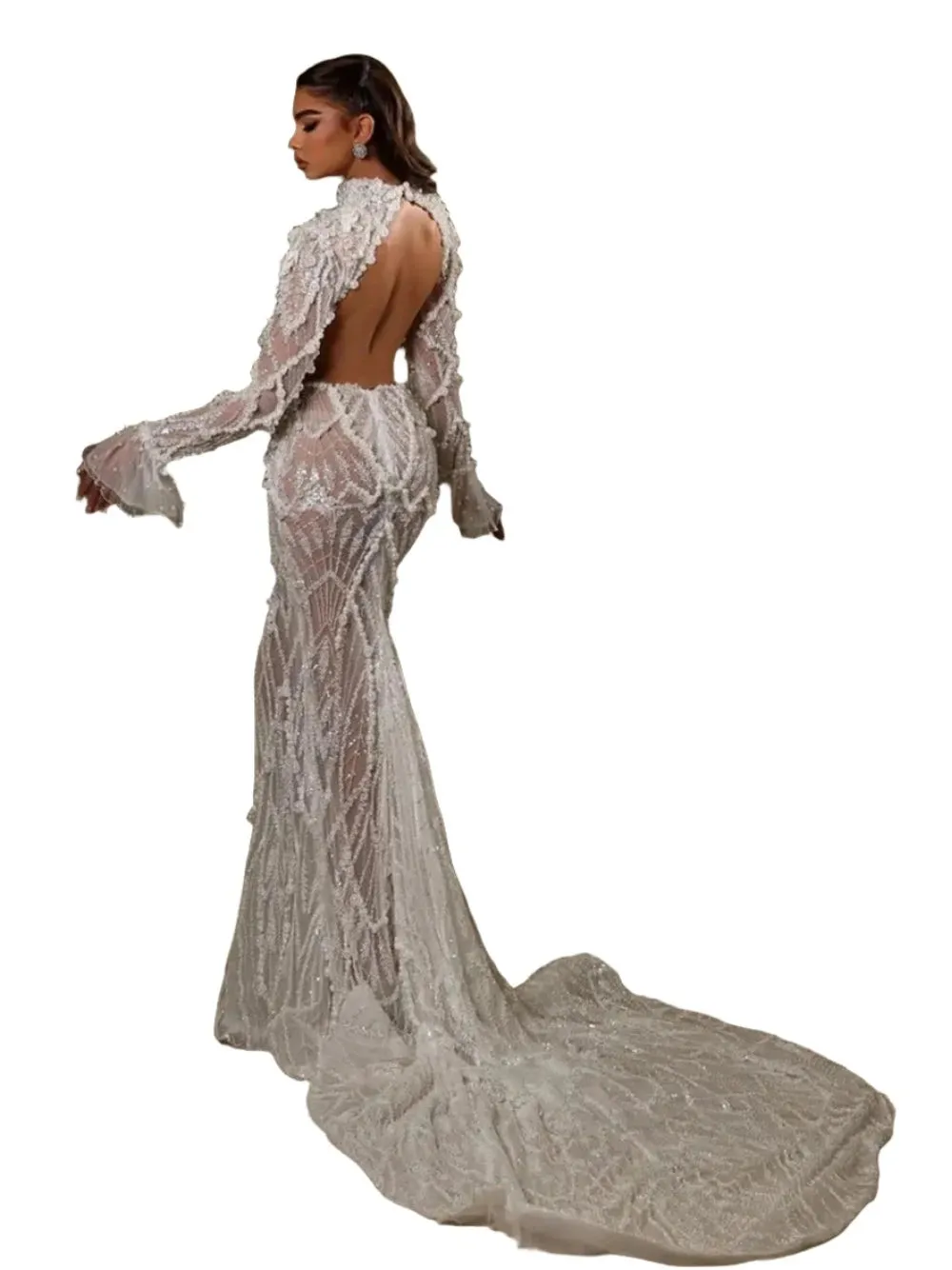 Backless Mesh Beaded Pearl Dress