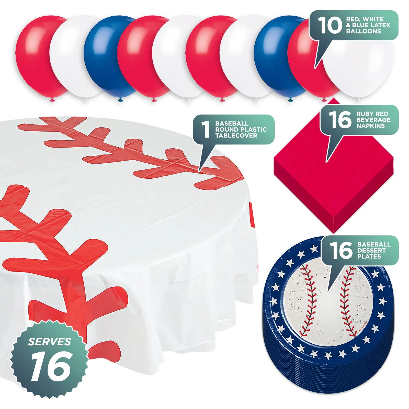 Baseball Party Pack - All Star Baseball Paper Dessert Plates, Beverage Napkins, Round Table Cover, and Balloons Set (Serves 16)