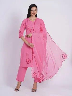 Cotton 3pc Kurta Pant Dupatta Set with Scalloping Embroidery