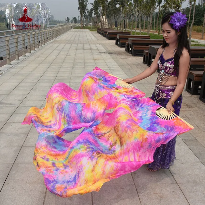 Dyed 100% pure natural silk fan veils for women belly dance performance fan belly dance costumes and accessories A pair