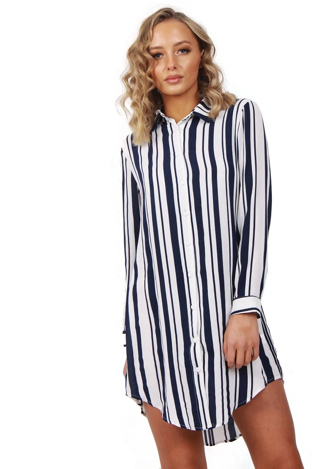 Long Sleeve Striped Shirt Dress With Curved Hem