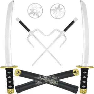 Ninja Weapons Toy Set - Fighting Warrior Weapon Costume Set with Katana Swords, Sai Daggers, and Shuriken Stars - 6 Pieces