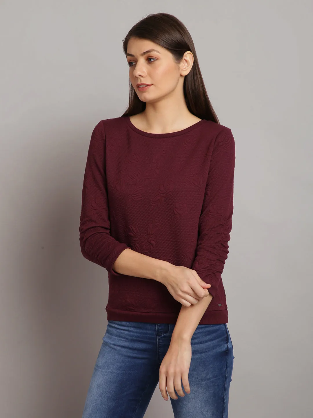 Women Solid Maroon Self Design Pullover Sweatshirt