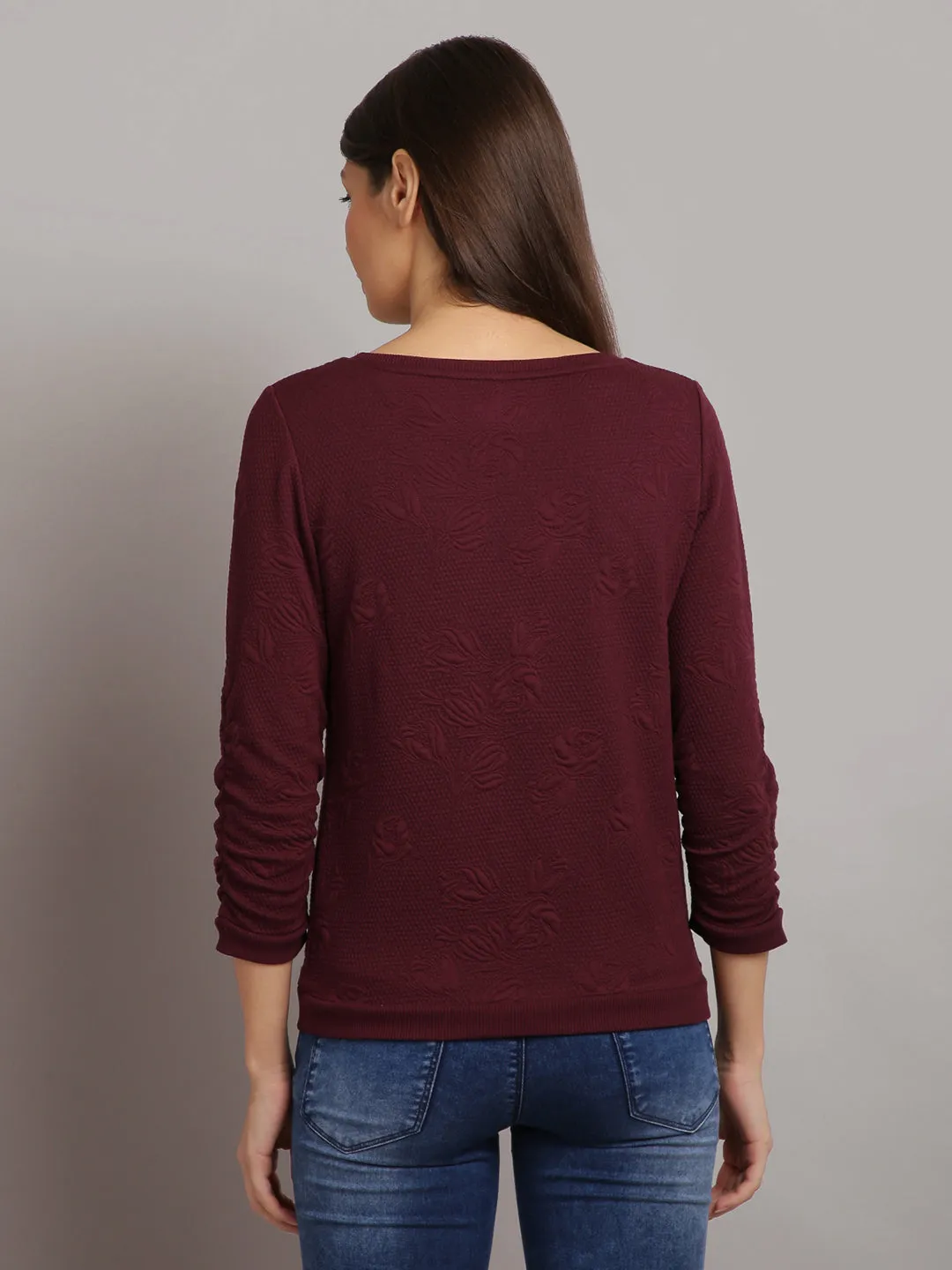 Women Solid Maroon Self Design Pullover Sweatshirt