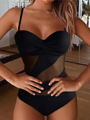 Women's Swimwear One Piece Monokini Bathing Suits Normal Swimsuit Mesh Tummy Control Open Back Pure Color Black Wine Navy Blue Blue Strap Bathing Suits Sexy Vacation Fashion