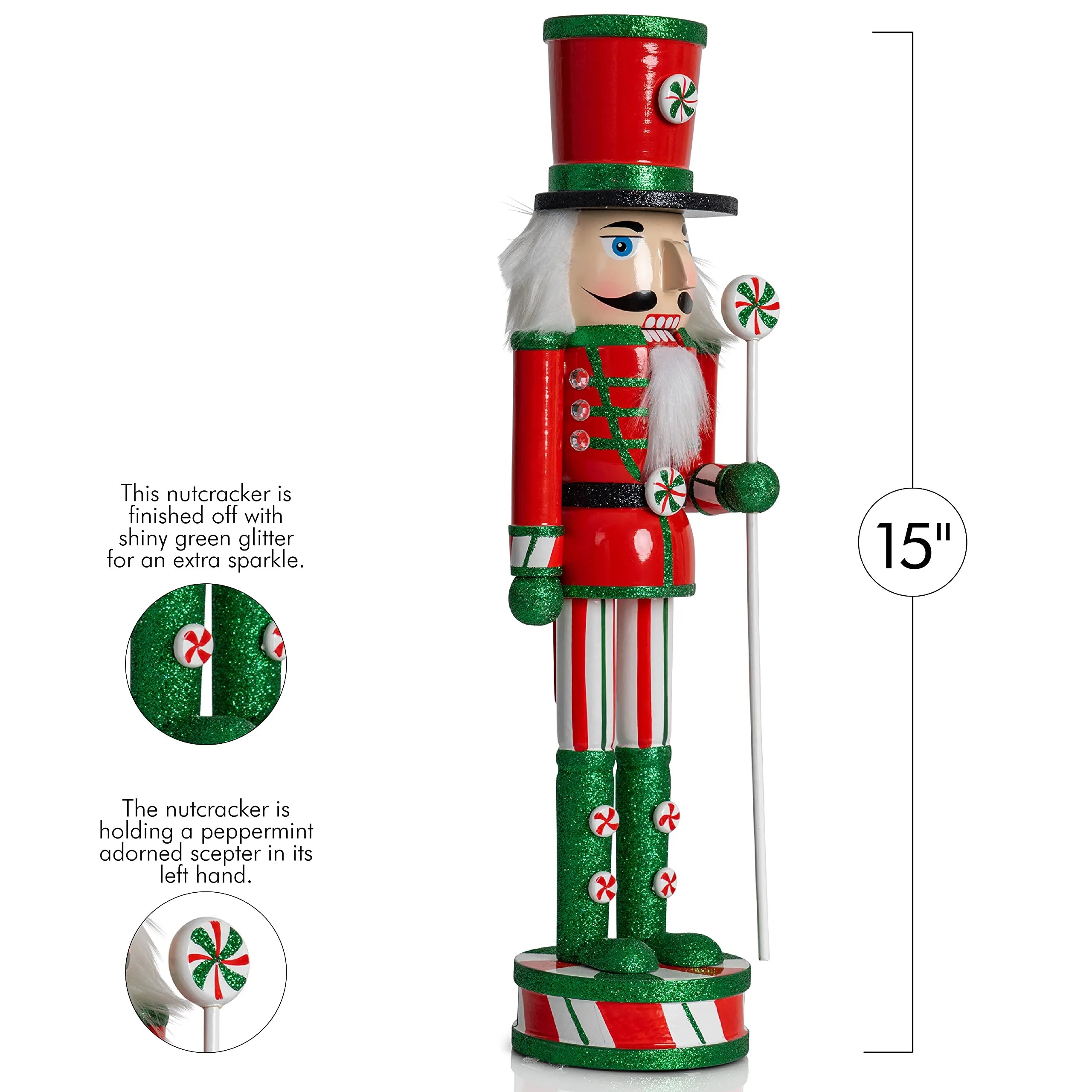 Wooden Peppermint Christmas Nutcracker - Red, White and Green Glitter Candy Themed Holiday Nut Cracker Doll Figure Toy Soldier Decorations